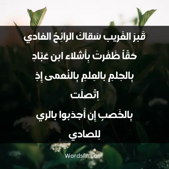 قَبرَ الغَريب سَقاكَ الرائِحُ الغادي حَقّاً ظَفَرتَ بِأَشلاء ابن عَبّادِ بِالحِلمِ بالعِلمِ بِالنُعمى إِذِ اِتّصلَت بِالخَصبِ إِن أَجدَبوا بالري لِلصادي