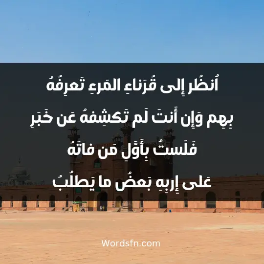 اُنظُر إِلى قُرَناءِ المَرءِ تَعرِفُهُ بِهِم وَإِن أَنتَ لَم تَكشِفهُ عَن خَبَرِ فَلَستُ بِأَوَّلِ مَن فاتَهُ عَلى إِربِهِ بَعضُ ما يَطلُبُ