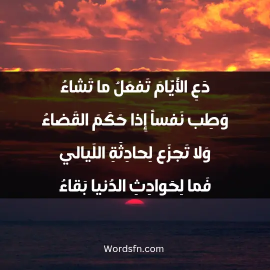 Sayings of Imam Al-Shafii1 - فن العبارات دَعِ الأَيّامَ تَفعَلُ ما تَشاءُ وَطِب نَفساً إِذا حَكَمَ القَضاءُ وَلا تَجزَع لِحادِثَةِ اللَيالي فَما لِحَوادِثِ الدُنيا بَقاءُ