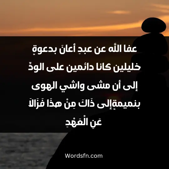 Sayings of Imam Al-Shafii3 - فن العبارات عفا الله عن عبدِ أعانَ بدعوةٍ خليلين كانا دائمين على الودِّ إلى أن مشى واشي الهوى بنميمةٍ إلى ذَاكَ مِنْ هذَا فَزَالاَ عَنِ الْعَهْدِ