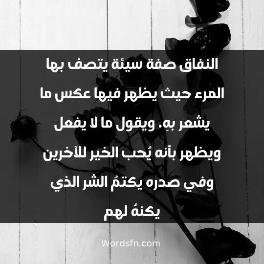 النفاق صفة سيئة يتصف بها المرء حيث يظهر فيها عكس ما يشعر بهِ. ويقول ما لا يفعل ويظهر بأنه يُحب الخير للآخرين وفي صدره يكتمُ الشر الذي يكنهُ لهم