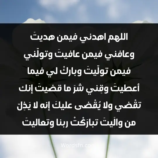 اللهم اهدني فيمن هديتَ وعافني فيمن عافيتَ وتولّني فيمن تولّيتَ وباركْ لي فيما أعطيتَ وقِني شرَ ما قضيتَ إنك تقْضي ولا يُقْضى عليكَ إنه لا يَذِلّ من والَيتَ تبارَكْتْ ربنا وتعاليتَ