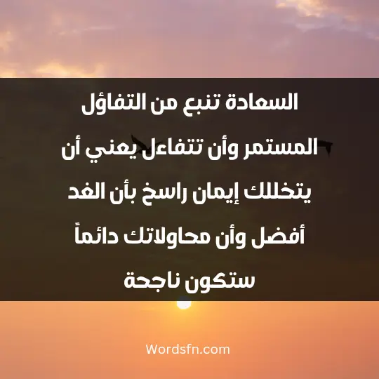 السعادة تنبع من التفاؤل المستمر، وأن تتفاءل يعني أن يتخللك إيمان راسخ بأن الغد أفضل وأن محاولاتك دائماً ستكون ناجحة