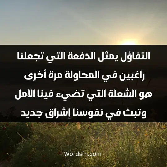 التفاؤل يمثل الدَفعة التي تجعلنا راغبين في المحاولة مرة أخرى. هو الشعلة التي تضيء فينا الأمل وتبث في نفوسنا إشراق جديد.
