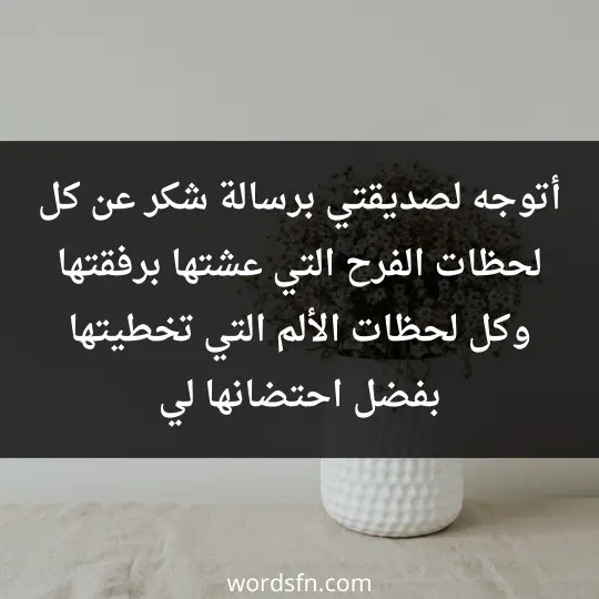 أتوجه لصديقتي برسالة شكر عن كل لحظات الفرح التي عشتها برفقتها وكل لحظات الألم التي تخطيتها بفضل احتضانها لي