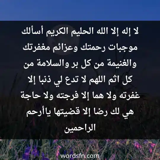 لا إله إلا الله، الحليم الكريم، سبحان الله رب العرش العظيم، الحمد لله رب العالمين، أسألك موجبات رحمتك، وعزائم مغفرتك والغنيمة من كل بر والسلامة من كل اثم، اللهم لا تدع لي ذنبا إلا غفرته، ولا هما إلا فرجته ولا حاجة هي لك رضا إلا قضيتها يا أرحم الراحمين