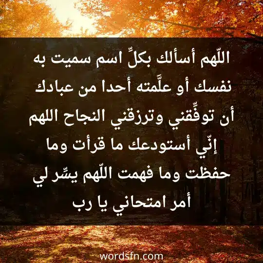 A supplication after studying so as not to forge2 - فن العبارات اللّهم أسألك بكلِّ اسم سميت به نفسك، أو علَّمته أحدا من عبادك أن توفِّقني وترزقني النجاح. اللهم إنّي أستودعك ما قرأت وما حفظت وما فهمت. اللّهم يسِّر لي أمر امتحاني يا رب.