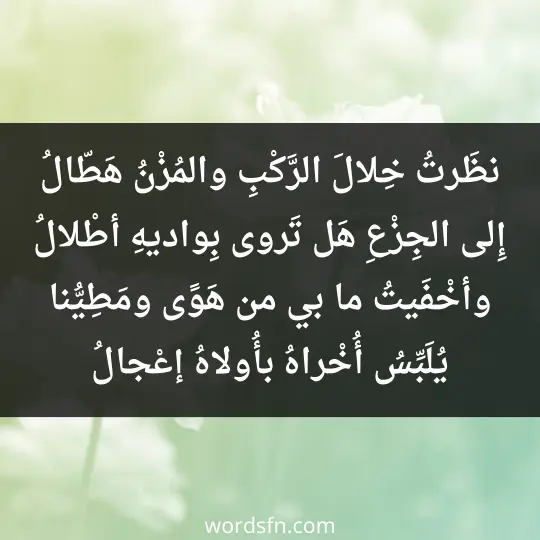 نظَرتُ خِلالَ الرَّكْبِ والمُزْنُ هَطّالُ إِلى الجِزْعِ هَل تَروى بِواديهِ أطْلالُ وأخْفَيتُ ما بي من هَوًى ومَطِيُّنا يُلَبِّسُ أُخْراهُ بأُولاهُ إعْجالُ