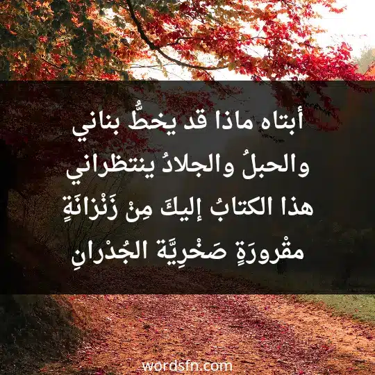 أبتاه ماذا قد يخطُّ بناني والحبلُ والجلادُ ينتظراني هذا الكتابُ إليكَ مِنْ زَنْزانَةٍ مقْرورَةٍ صَخْرِيَّة الجُدْرانِ