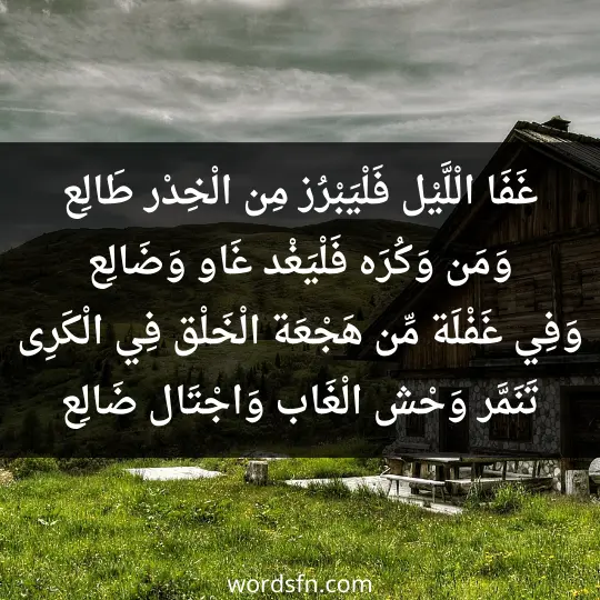 غَفَا الْلَّيْل فَلْيَبْرُز مِن الْخِدْر طَالِع وَمَن وَكُرَه فَلْيَغْد غَاو وَضَالِع وَفِي غَفْلَة مِّن هَجْعَة الْخَلْق فِي الْكَرِى تَنَمَّر وَحْش الْغَاب وَاجْتَال ضَالِع