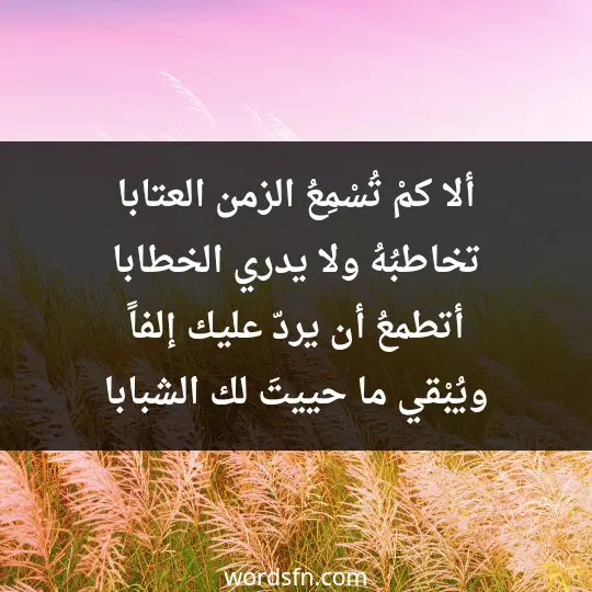 ألا كمْ تُسْمِعُ الزمن العتابا تخاطبُهُ ولا يدري الخطابا أتطمعُ أن يردّ عليك إلفاً ويُبْقي ما حييتَ لك الشبابا