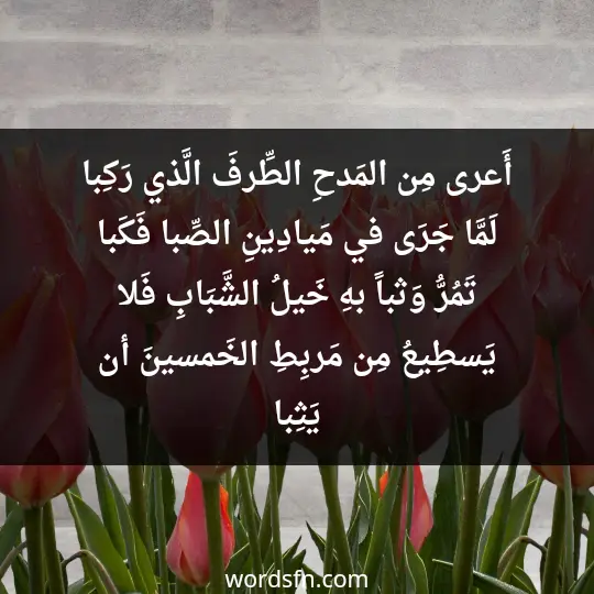 أَعرى مِن المَدحِ الطِّرفَ الَّذي رَكِبا لَمَّا جَرَى في مَيادِينِ الصِّبا فَكَبا تَمُرُّ وَثباً بهِ خَيلُ الشَّبَابِ فَلا يَسطِيعُ مِن مَربِطِ الخَمسينَ أن يَثِبا