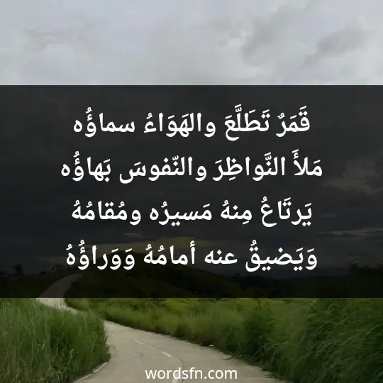 قَمَرٌ تَطَلَّعَ والهَوَاءُ سماؤُه مَلأَ النَّواظِرَ والنّفوسَ بَهاؤُه يَرتَاعُ مِنهُ مَسيرُه ومُقامُهُ وَيَضيقُ عنه أمامُهُ وَوَراؤُهُ
