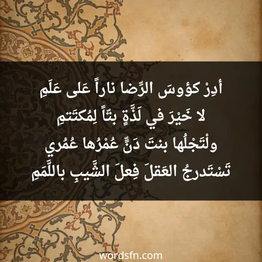 أدِرْ كؤوسَ الرِّضا ناراً عَلى عَلَمِ لا خَيْرَ في لَذَّةٍ بتّاً لِمُكتَتمِ ولْتَجْلُها بنتَ دَنٍّ عُمْرُها عُمُري تَسْتَدرجُ العَقلَ فِعلَ الشَّيبِ باللَّمَمِ - فن العبارات أدِرْ كؤوسَ الرِّضا ناراً عَلى عَلَمِ لا خَيْرَ في لَذَّةٍ بتّاً لِمُكتَتمِ ولْتَجْلُها بنتَ دَنٍّ عُمْرُها عُمُري تَسْتَدرجُ العَقلَ فِعلَ الشَّيبِ باللَّمَمِ