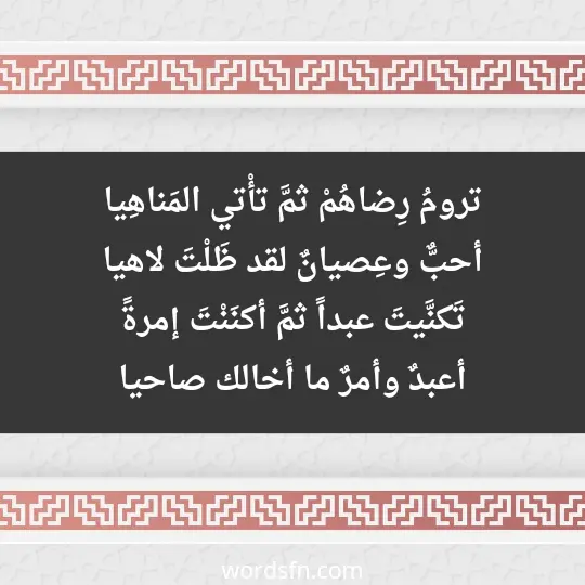 ترومُ رِضاهُمْ ثمَّ تأْتي المَناهِيا أحبٌّ وعِصيانٌ لقد ظَلْتَ لاهيا تَكنَّيتَ عبداً ثمَّ أكنَنْتَ إمرةً أعبدٌ وأمرٌ ما أخالك صاحيا - فن العبارات ترومُ رِضاهُمْ ثمَّ تأْتي المَناهِيا أحبٌّ وعِصيانٌ لقد ظَلْتَ لاهيا تَكنَّيتَ عبداً ثمَّ أكنَنْتَ إمرةً أعبدٌ وأمرٌ ما أخالك صاحيا