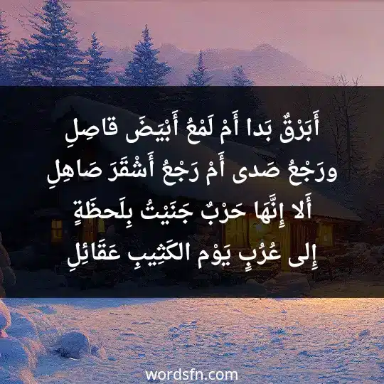 أَبَرْقٌ بَدا أَمْ لَمْعُ أَبْيَضَ قاصِلِ ورَجْعُ صَدى أَمْ رَجْعُ أَشْقَرَ صَاهِلِ أَلا إِنَّهَا حَرْبٌ جَنَيْتُ بِلَحظَةٍ إِلى عُرُبٍ يَوْم الكَثِيبِ عَقَائِلِ
