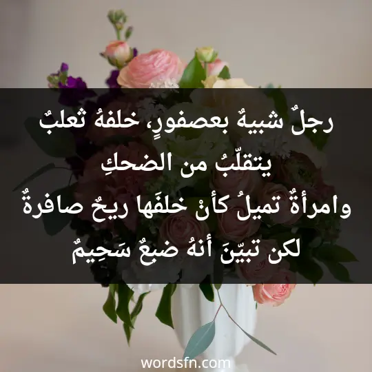 رجلٌ شبيهٌ بعصفورٍ، خلفهُ ثعلبٌ يتقلّبُ من الضحكِ. وامرأةٌ تميلُ كأنْ خلفَها ريحٌ صافرةٌ، لكن تبيّنَ أنهُ ضبعٌ سَحِيمٌ