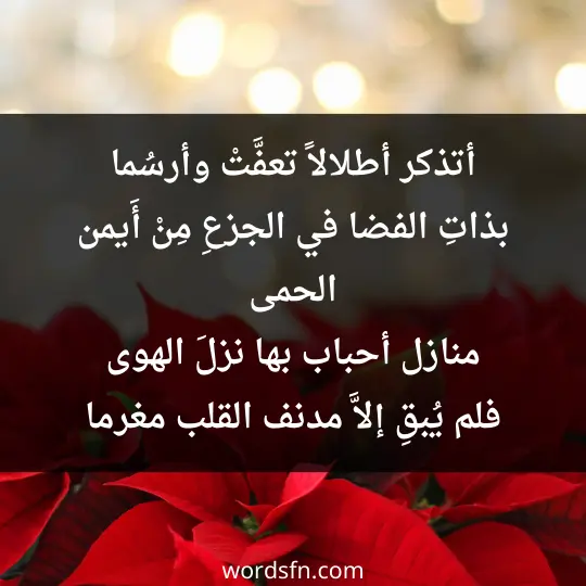 أتذكر أطلالاً تعفَّتْ وأرسُما بذاتِ الفضا في الجزعِ مِنْ أَيمن الحمى منازل أحباب بها نزلَ الهوى فلم يُبقِ إلاَّ مدنف القلب مغرما