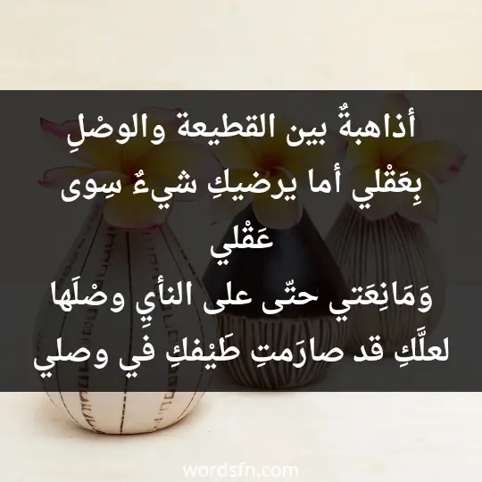 أذاهبةٌ بين القطيعة والوصْلِ بِعَقْلي أما يرضيكِ شيءٌ سِوى عَقْلي وَمَانِعَتي حتّى على النأيِ وصْلَها لعلَّكِ قد صارَمتِ طَيْفكِ في وصلي