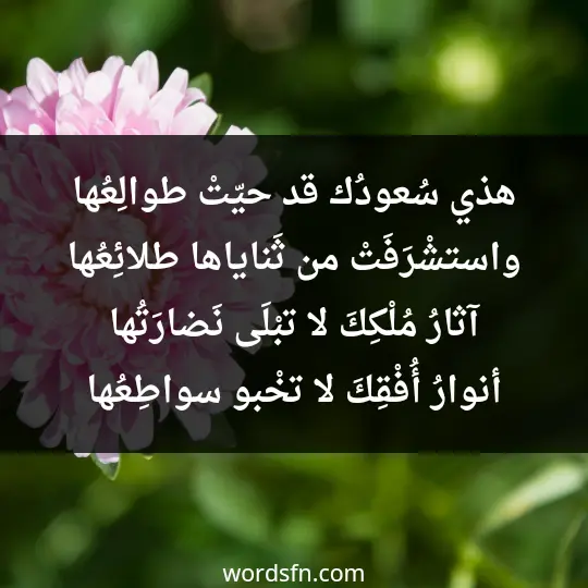 هذي سُعودُك قد حيّتْ طوالِعُها واستشْرَفَتْ من ثَناياها طلائِعُها آثارُ مُلْكِكَ لا تبْلَى نَضارَتُها أنوارُ أُفْقِكَ لا تخْبو سواطِعُها