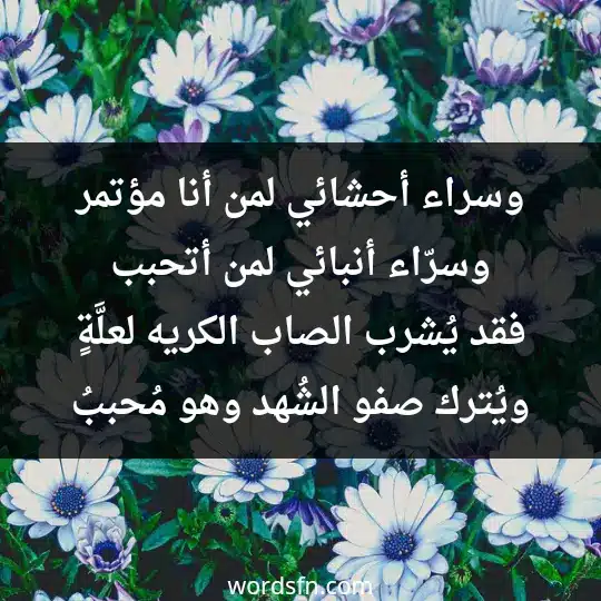 وسراء أحشائي لمن أنا مؤتمر وسرّاء أنبائي لمن أتحبب فقد يُشرب الصاب الكريه لعلَّةٍ ويُترك صفو الشُهد وهو مُحببُ