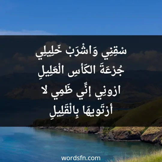 سْقِنِي وَاشْرَبْ خَلِيلِي جُرْعَةَ الكَأسِ الْعَلِيلِ ارْونِي إنِّي ظَمِي، لا أرْتَويهَا بِالْقَلِيلِ