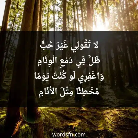 لا تَقُولِي غَيْرَ حُبٍّ ظَلَّ فِي دَمْعِ الْوِئَامِ وَاغْفِرِي لَو كُنْتُ يَوْمًا مُخْطِئًا مِثْلَ الأنَامِ