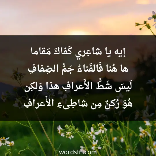 Poetry of Muhammad Al-Hashmari1 - فن العبارات إيه يا شاعِري كَفاكَ مَقاما ها هُنا فَالفَناءُ جَمُّ الضِفافِ لَيسَ شَطُّ الأَعرافِ هذا وَلكِن هُوَ رُكنٌ مِن شاطِىءِ الأَعرافِ