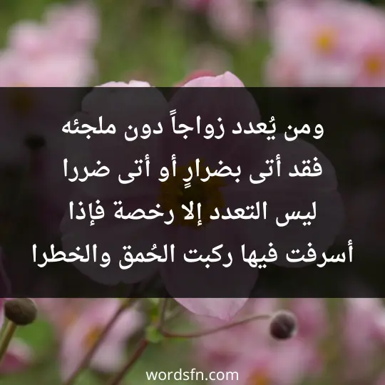 ومن يُعدد زواجاً دون ملجئه فقد أتى بضرارٍ أو أتى ضررا ليس التعدد إلا رخصة فإذا أسرفت فيها ركبت الحُمق والخطرا