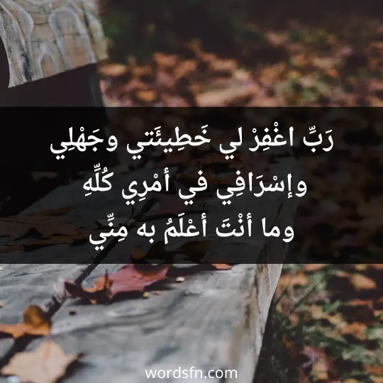 رَبِّ اغْفِرْ لي خَطِيئَتي وجَهْلِي. وإسْرَافِي في أمْرِي كُلِّهِ، وما أنْتَ أعْلَمُ به مِنِّي