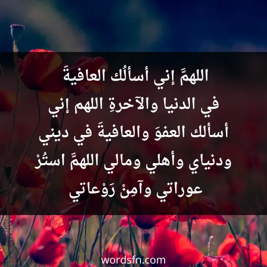 اللهمَّ إني أسألُك العافيةَ في الدنيا والآخرةِ اللهم إني أسألك العفوَ والعافيةَ في ديني ودنياي وأهلي ومالي اللهمَّ استُرْ عوراتي وآمِنْ رَوْعاتي اللهم احفظْني مِنْ بينِ يديَّ ومِنْ خلفي وعَنْ يميني وعَنْ شِمالي ومِنْ فوقي وأعوذُ بعظمتِك أنْ اغتالَ مِنْ تحتي