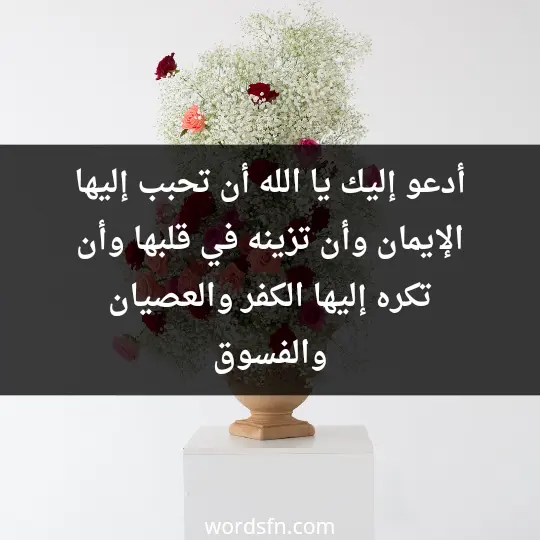 أدعو إليك يا الله أن تحبب إليها الإيمان وأن تزينه في قلبها وأن تكره إليها الكفر والعصيان والفسوق