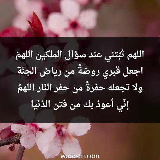 اللهم ثبّتني عند سؤال الملكين، اللهمّ اجعل قبري روضةً من رياض الجنّة ولا تجعله حفرةً من حفر النّار، اللهمّ إنّي أعوذ بك من فتن الدّنيا