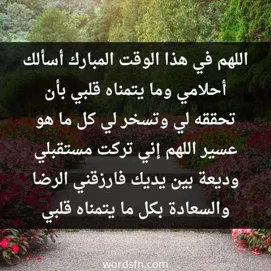 اللهم في هذا الوقت المبارك أسألك أحلامي وما يتمناه قلبي بأن تحققه لي وتسخر لي كل ما هو عسير، اللهم إني تركت مستقبلي وديعة بين يديك فارزقني الرضا والسعادة بكل ما يتمناه قلبي - فن العبارات اللهم في هذا الوقت المبارك أسألك أحلامي وما يتمناه قلبي بأن تحققه لي وتسخر لي كل ما هو عسير، اللهم إني تركت مستقبلي وديعة بين يديك فارزقني الرضا والسعادة بكل ما يتمناه قلبي