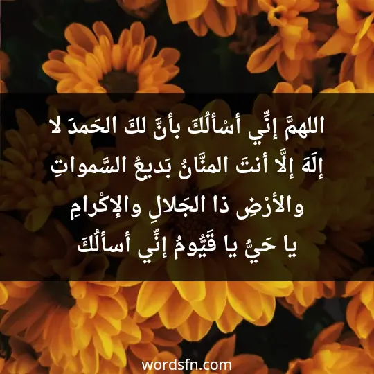 اللهمَّ إنِّي أسْألُكَ بأنَّ لكَ الحَمدَ لا إلَهَ إلَّا أنتَ، المنَّانُ، بَديعُ السَّمواتِ والأرْضِ، ذا الجَلالِ والإكْرامِ، يا حَيُّ يا قَيُّومُ، إنِّي أسألُكَ