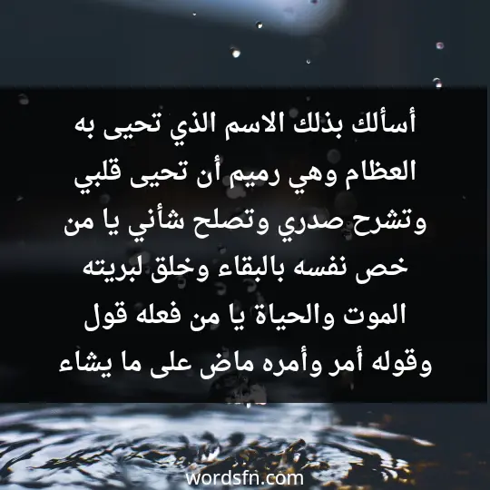 أسألك بذلك الاسم الذي تحيى به العظام وهي رميم أن تحيى قلبي وتشرح صدري وتصلح شأني، يا من خص نفسه بالبقاء وخلق لبريته الموت والحياة، يا من فعله قول، وقوله أمر، وأمره ماض على ما يشاء