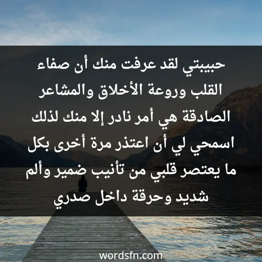حبيبتي لقد عرفت منك أن صفاء القلب وروعة الأخلاق والمشاعر الصادقة هي أمر نادر إلا منك. لذلك اسمحي لي أن اعتذر مرة أخرى بكل ما يعتصر قلبي من تأنيب ضمير وألم شديد وحرقة داخل صدري