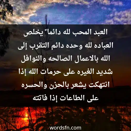 العبد المحب لله دائما ً يخلص العباده لله وحده ،دائم التقرب إلى الله بالاعمال الصالحه والنوافل،شديد الغيره على حرمات الله إذا انتهكت،يشعر بالحزن والحسره على الطاعات إذا فاتته