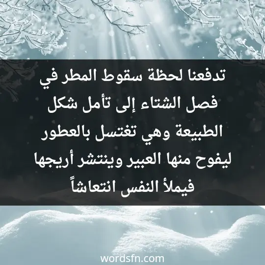 تدفعنا لحظة سقوط المطر في فصل الشتاء إلى تأمل شكل الطبيعة وهي تغتسل بالعطور ليفوح منها العبير وينتشر أريجها فيملأ النفس انتعاشاً