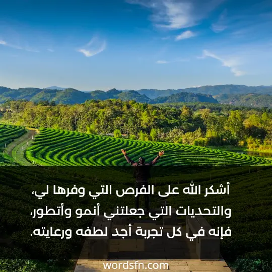 أشكر الله على الفرص التي وفرها لي، والتحديات التي جعلتني أنمو وأتطور، فإنه في كل تجربة أجد لطفه ورعايته. - فن العبارات أشكر الله على الفرص التي وفرها لي، والتحديات التي جعلتني أنمو وأتطور، فإنه في كل تجربة أجد لطفه ورعايته.