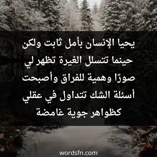 Messages of jealousy for the beloved1 - فن العبارات يحيا الإنسان بأمل ثابت، ولكن حينما تتسلل الغيرة تظهر لي صورًا وهمية للفراق، وأصبحت أسئلة الشك تتداول في عقلي كظواهر جوية غامضة