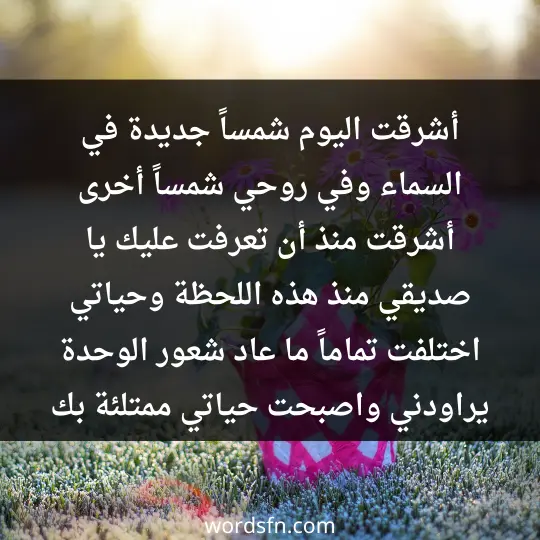 أشرقت اليوم شمساً جديدة في السماء، وفي روحي شمساً أخرى أشرقت منذ أن تعرفت عليك يا صديقي، منذ هذه اللحظة وحياتي اختلفت تماماً، ما عاد شعور الوحدة يراودني، واصبحت حياتي ممتلئة بك - فن العبارات أشرقت اليوم شمساً جديدة في السماء، وفي روحي شمساً أخرى أشرقت منذ أن تعرفت عليك يا صديقي، منذ هذه اللحظة وحياتي اختلفت تماماً، ما عاد شعور الوحدة يراودني، واصبحت حياتي ممتلئة بك