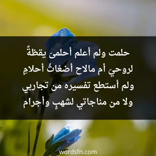 حلمت ولم أعلم أحلمىَ يقظةٌ لروحيَ أم مالاح أضغاثُ أحلامِ ولم أستطع تفسيره من تجاربي ولا من مناجاتي لشهبٍ وأجرام