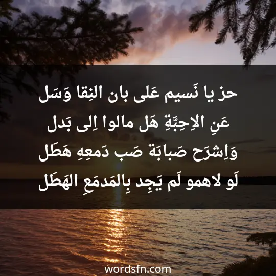 حز يا نَسيم عَلى بان النِقا وَسَل عَنِ الاِحِبَّةِ هَل مالوا اِلى بَدل وَاِشرَح صَبابَة صَب دَمعِهِ هَطَل لَو لاهمو لَم يَجِد بِالمَدمَعِ الهَطَل