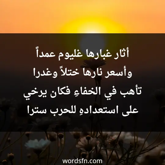 أثار غبارها غليوم عمداً وأسعر نارها ختلاً وغدرا تأهب في الخفاءِ فكان يرخي على استعدادهِ للحرب سترا - فن العبارات أثار غبارها غليوم عمداً وأسعر نارها ختلاً وغدرا تأهب في الخفاءِ فكان يرخي على استعدادهِ للحرب سترا