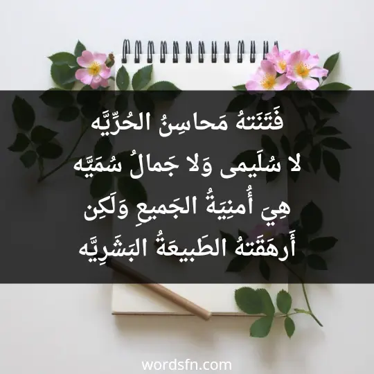 فَتَنَتهُ مَحاسِنُ الحُرِّيَّه لا سُلَيمى وَلا جَمالُ سُمَيَّه هِيَ أُمنِيَةُ الجَميعِ وَلَكِن أَرهَقَتهُ الطَبيعَةُ البَشَرِيَّه