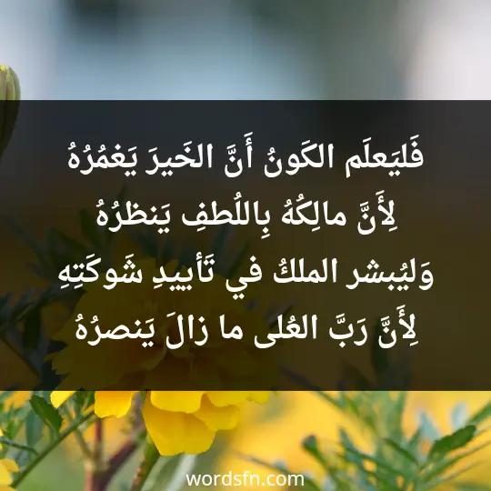 فَليَعلَم الكَونُ أَنَّ الخَيرَ يَغمُرُهُ لِأَنَّ مالِكُهُ بِاللُطفِ يَنظرُهُ وَليُبشر الملكُ في تَأييدِ شَوكَتِهِ لِأَنَّ رَبَّ العُلى ما زالَ يَنصرُهُ - فن العبارات فَليَعلَم الكَونُ أَنَّ الخَيرَ يَغمُرُهُ لِأَنَّ مالِكُهُ بِاللُطفِ يَنظرُهُ وَليُبشر الملكُ في تَأييدِ شَوكَتِهِ لِأَنَّ رَبَّ العُلى ما زالَ يَنصرُهُ
