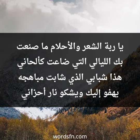 يا ربة الشعر والأحلام ما صنعت بك الليالي التي ضاعت كألحاني هذا شبابي الذي شابت مباهجه يهفو إليك ويشكو نار أحزاني
