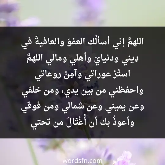 اللهمَّ إني أسألُك العفوَ والعافيةَ، في دِيني ودنيايَ وأهلي ومالي، اللهمَّ استُرْ عوراتي، وآمِنْ روعاتي، واحفظني من بين يدي، ومن خلفي، وعن يميني، وعن شمالي، ومن فوقي، وأعوذُ بك أن أُغْتَالَ من تحتي