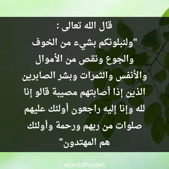 Religious statuses about patience1 - فن العبارات قال الله تعالى في سورة البقرة عن الصبر: " ولنبلونكم بشيء من الخوف والجوع ونقص من الأموال والأنفس والثمرات وبشر الصابرين* الذين إذا أصابتهم مصيبة قالو إنا لله وإنا إليه راجعون* أولئك عليهم صلوات من ربهم ورحمة وأولئك هم المهتدون